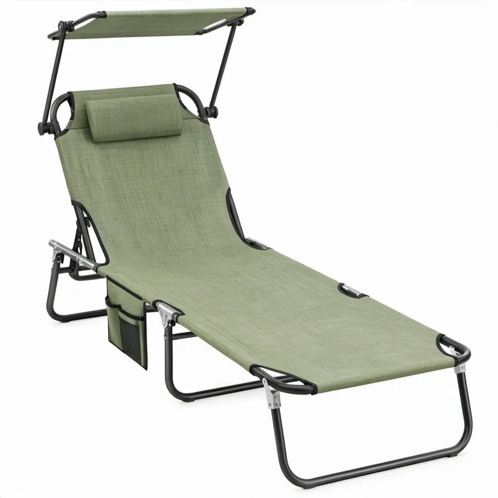 Groen verstelbaar ligbed met zonnescherm en hoofdkussen, 200 x 65 x 112 cm