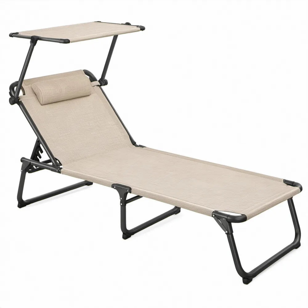 Inklapbare beige/zwarte ligstoel met zonnedak, verstelbare rugleuning en hoofdkussen, 188 x 58 x 29 cm