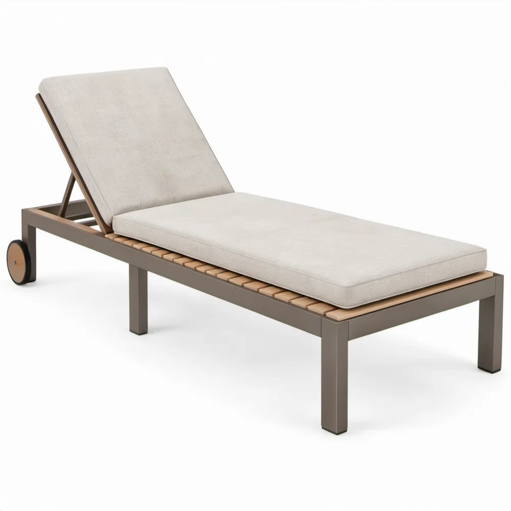 Verstelbaar taupe aluminium ligbed met wielen, acaciahout en beige kussen, 200 x 70 x 35 cm