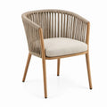 Acaciahouten stoel met armleuningen, beige touw en crèmewit kussen, 57 x 60 x 78 cm