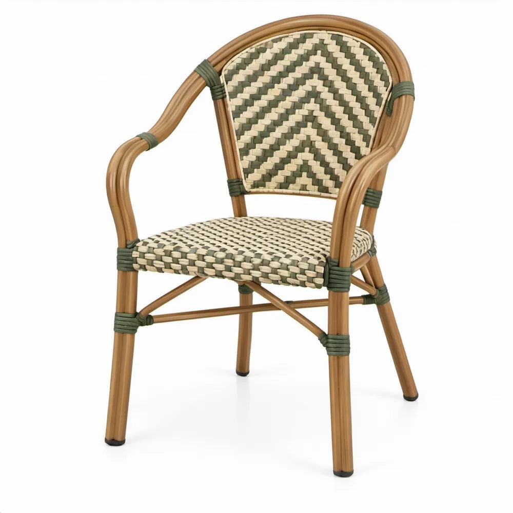 Terrasstoel met armleuningen van aluminium en PE-rotan, 57 x 60 x 89 cm, bruin/crème/groen