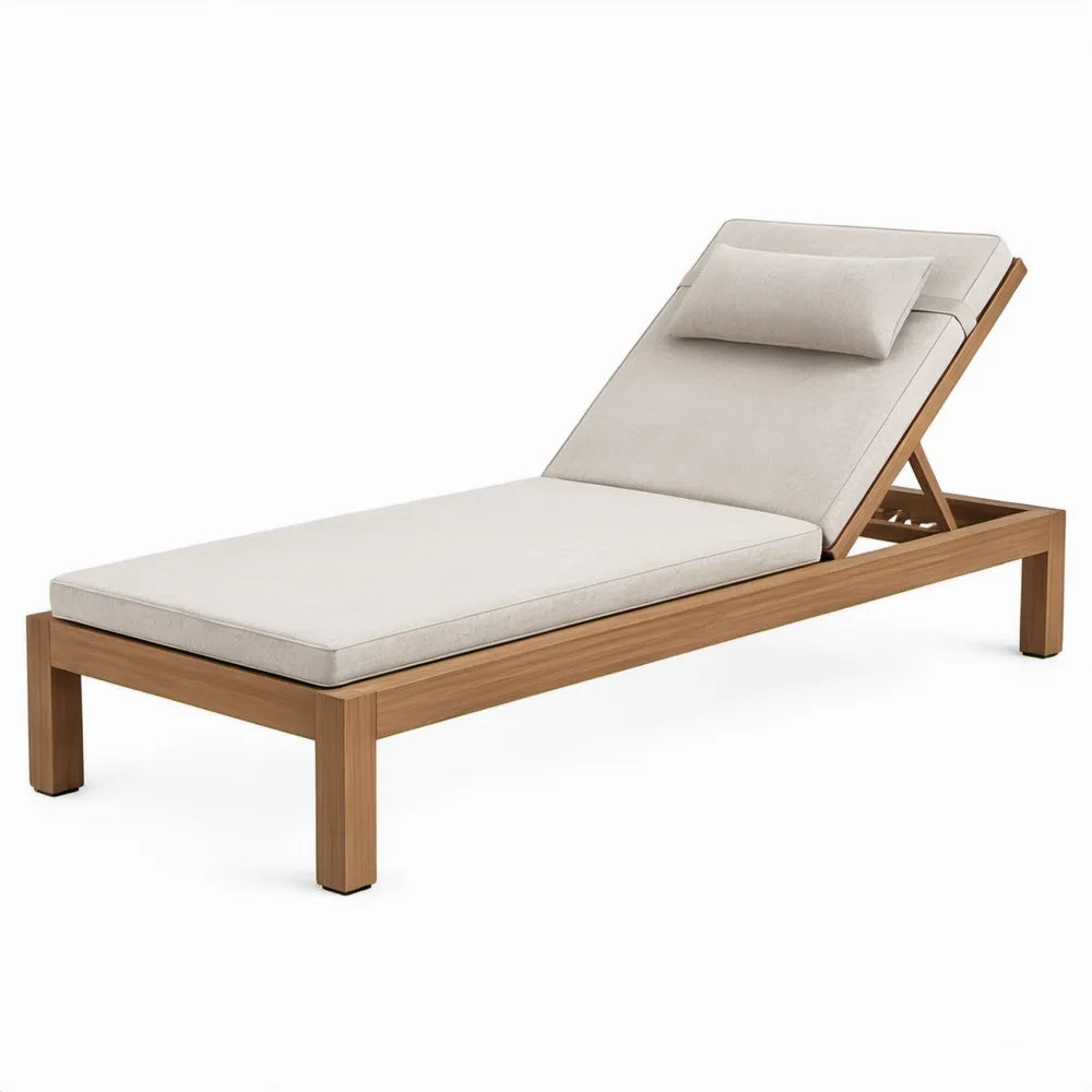 Verstelbaar ligbed van massief acaciahout met beige kussens, 200 x 70 x 33 cm