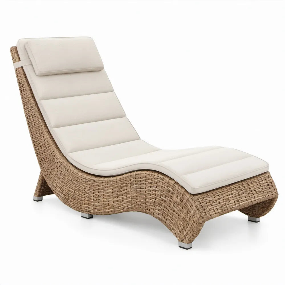 Gebogen ligbed van PE-rotan met crème-wit kussen, beige, 200 x 70 x 65 cm
