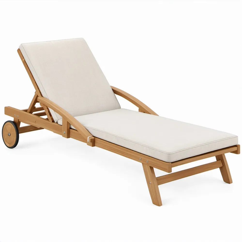 Verstelbaar houten ligbed met wielen en crèmekleurig kussen, 200 x 65 x 35 cm