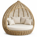 Rond rotan ligbed met kap 180 x 180 x 200 cm naturel met crèmekleurige polyester kussens