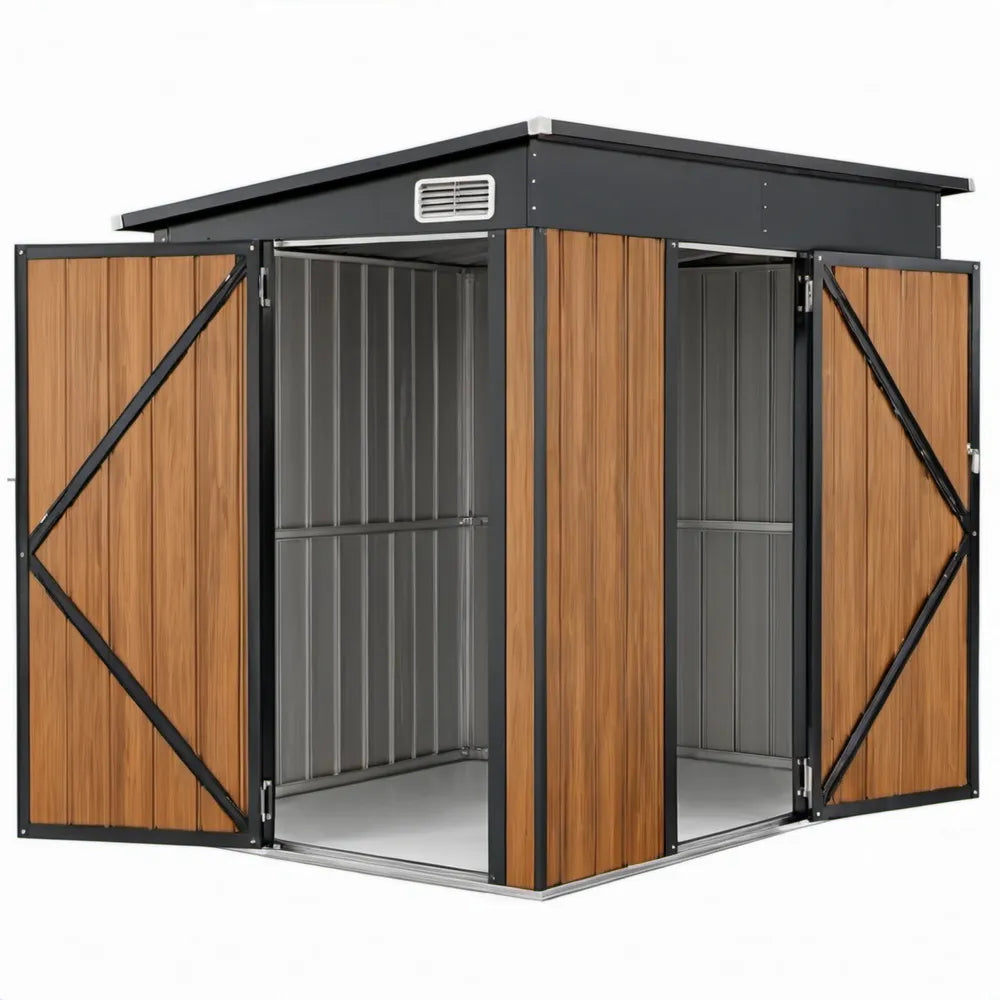 Metalen tuinschuur 213 x 191 x 195 cm met dubbele draaideuren – Antraciet/Bruin houtlook