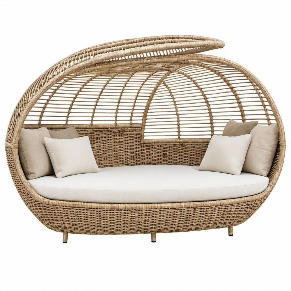 Tweepersoons ligbed met zonnedak 210 x 125 x 180 cm in naturel PE-rotan