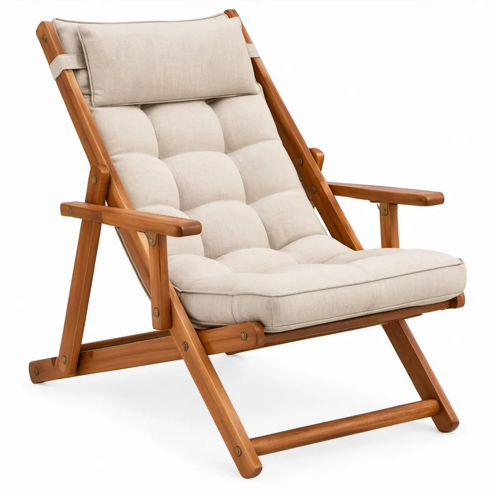 Verstelbare houten relaxstoel met armleuningen en beige kussen, 98 x 68 x 102 cm