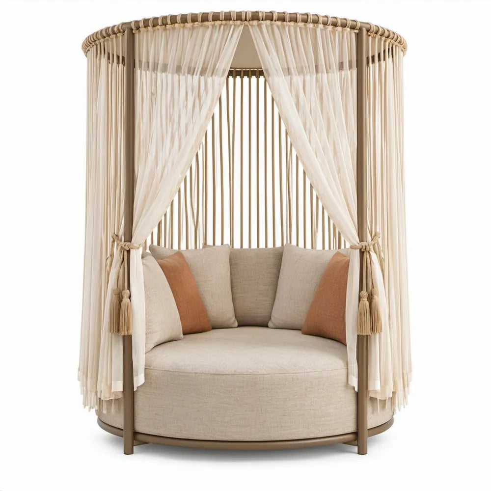 Rond buitenligbed met hemel en gordijnen, 150 x 150 x 220 cm, beige/bruin
