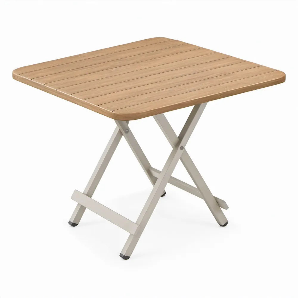 Inklapbare vierkante tuintafel 70 x 70 x 74 cm van naturel acaciahout met wit aluminium onderstel