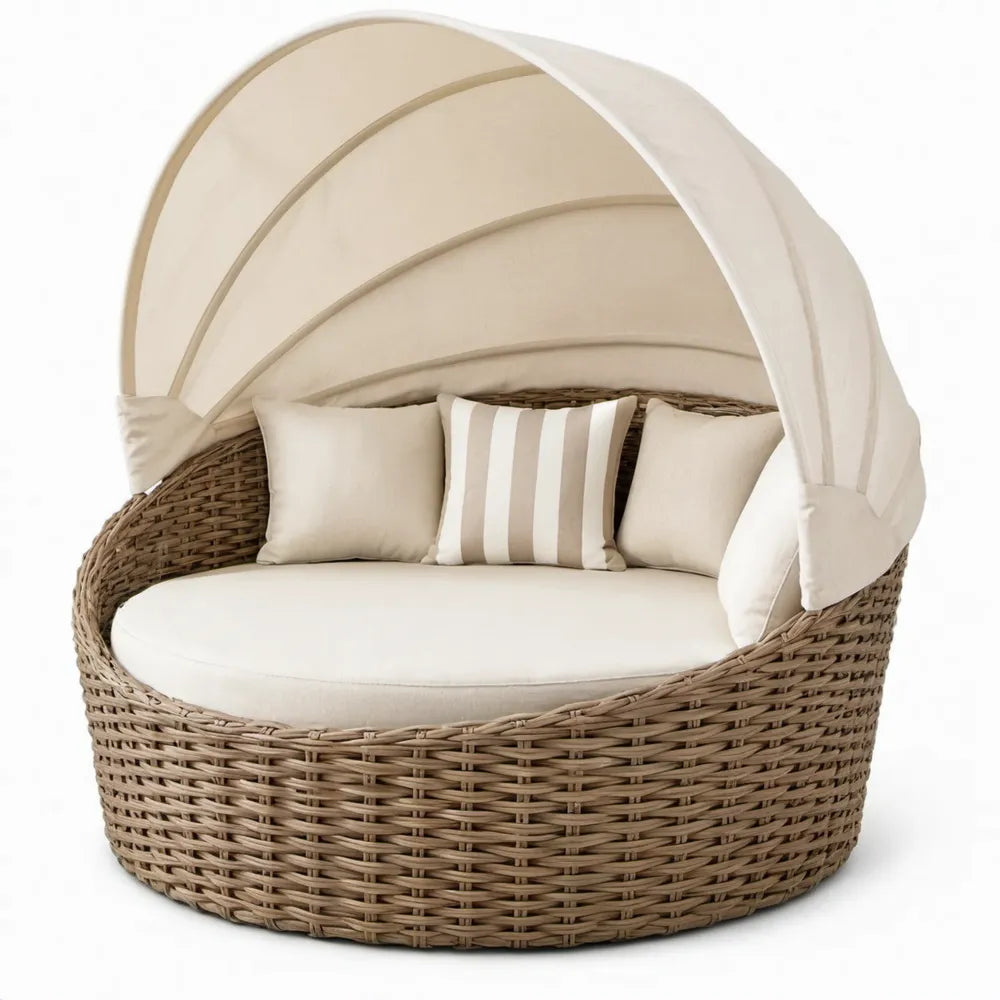 Rond ligbed met verstelbare zonnekap, 160 x 160 x 160 cm, beige en bruin, PE-rattan met polyester kussens