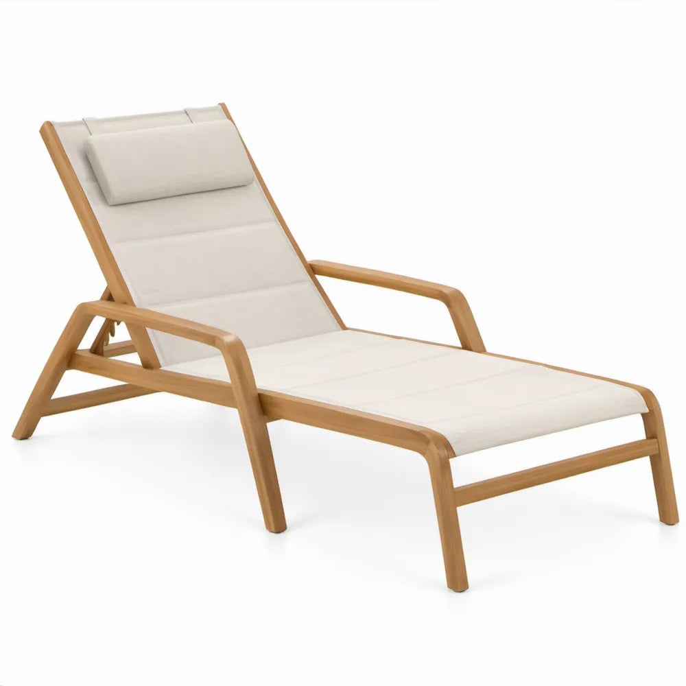 Verstelbaar ligbed van massief acaciahout met beige polyester kussen, 200 x 70 x 35 cm