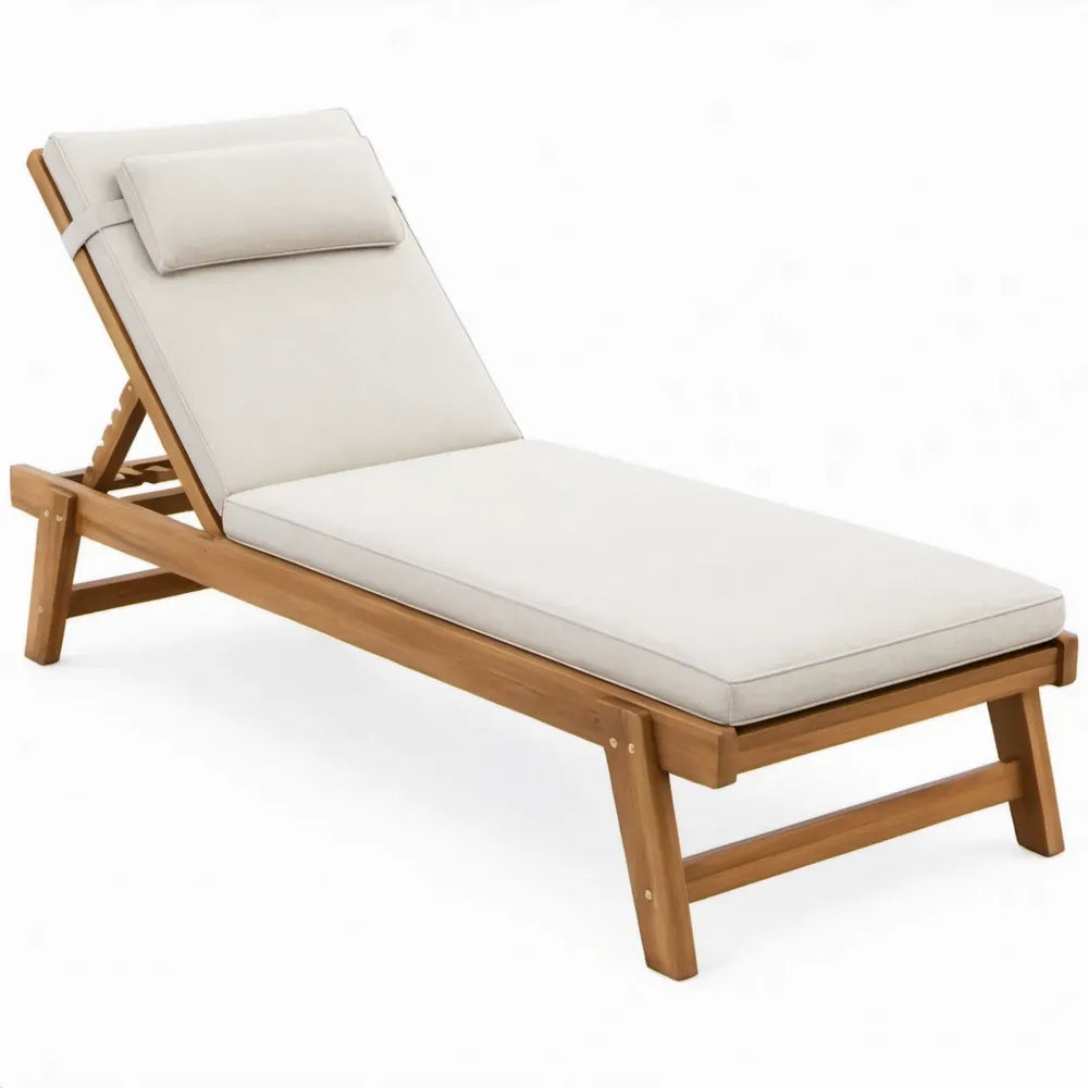 Verstelbaar acaciahouten ligbed met crèmekleurige polyester kussens, 200 x 65 x 30 cm