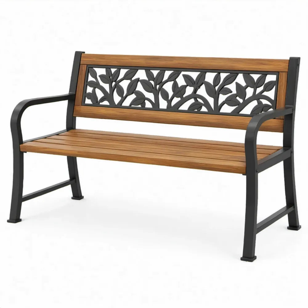 2-zits tuinbank 122 x 60 x 85 cm van acaciahout en gepoedercoat staal - Bruin/Zwart