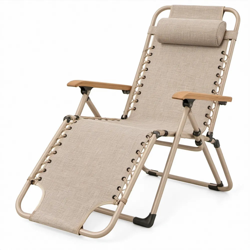 Inklapbare verstelbare ligstoel met hoofd- en nekkussen, beige, 165 x 65 x 112 cm