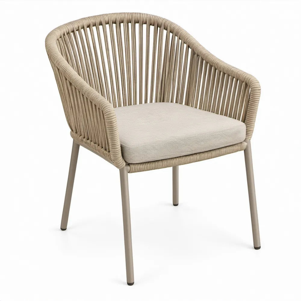 Beige armstoel met stalen frame en polyester koord, 62 x 78 x 80 cm